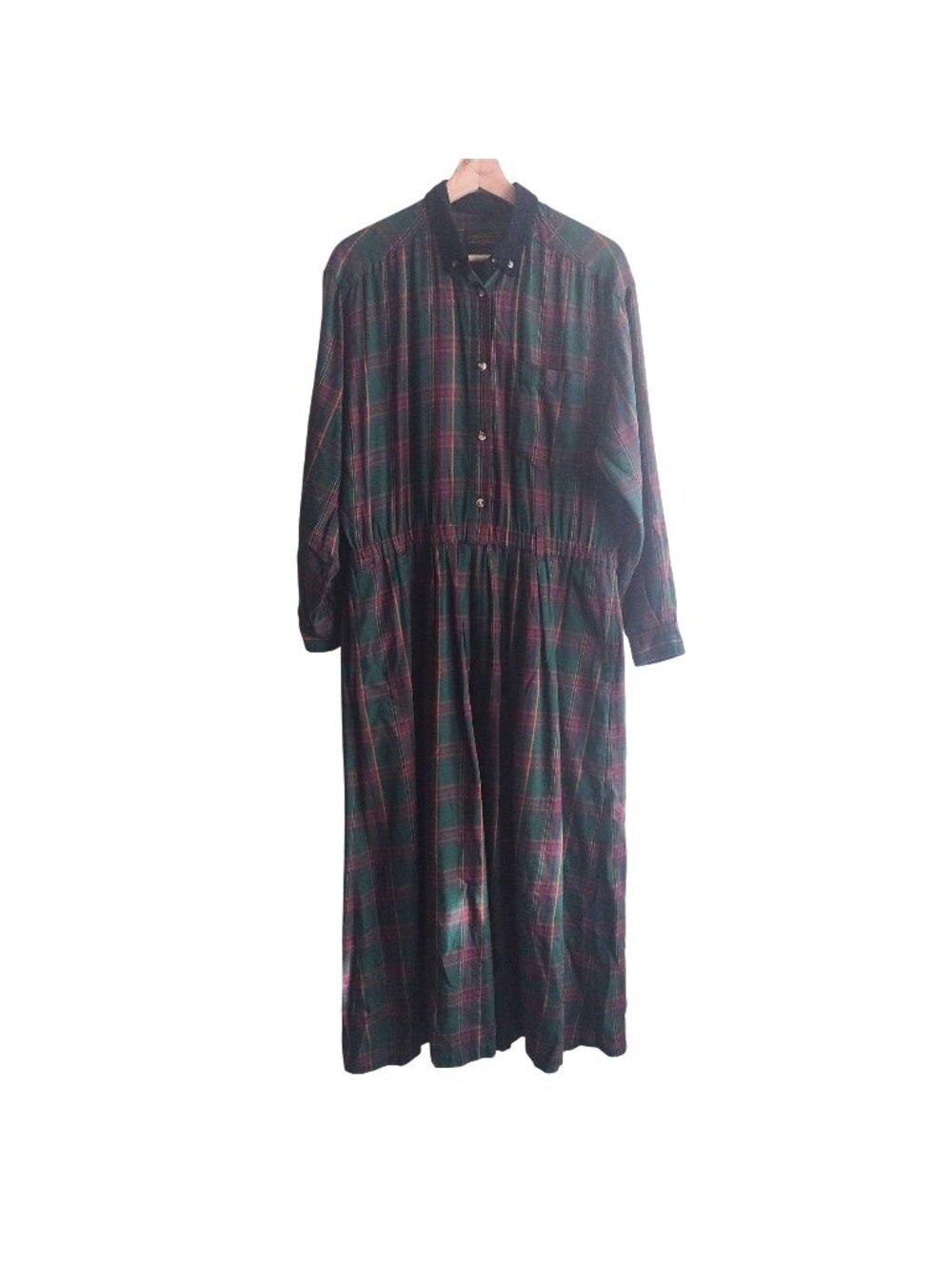 Eddie Bauer Vintage Plaid Button Front Dress M Green Flannel Midi Shirtdress